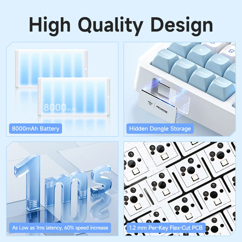MCHOSE G98 Pro teclado mecánico personalizado 0,1 ms estructura de junta de baja latencia 8000mAh triodo BT 2,4g inalámbrico intercambiable en caliente - imagen 2