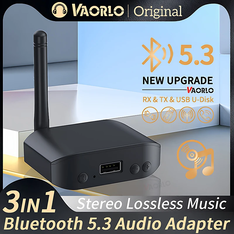 VAORLO 3 en 1 Bluetooth 5.3 Receptor de audio Transmisor USB U-Disk Play 3.5 mm AUX Estéreo HIFI Adaptador inalámbrico de música sin pérdidas con micrófono para automóvil TV PC Auriculares Amplificador de altavoz