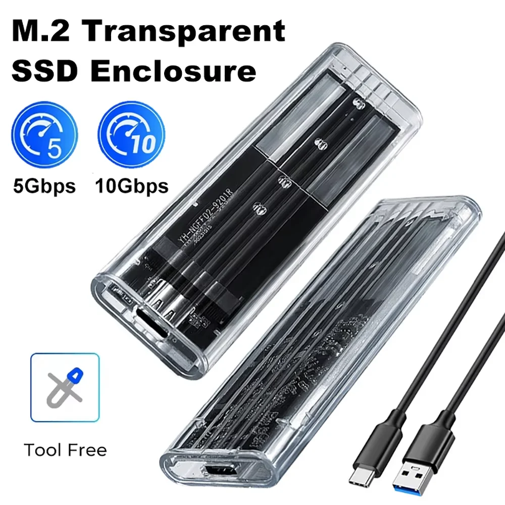 M.2 NVME PCIe NGFF SATA protocolo Dual SSD carcasa transparente USB tipo C 10Gbps PCI-E M2 SSD caja de disco duro externo transparente