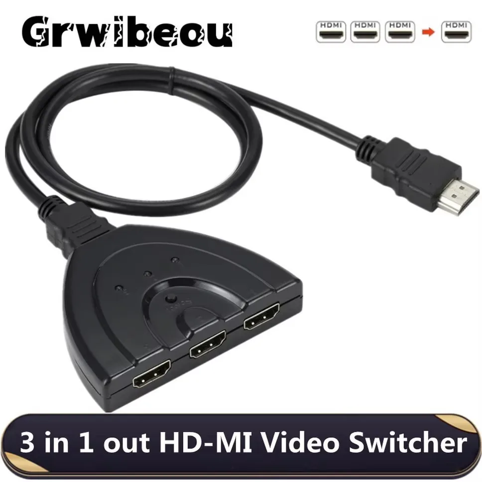Grwibeou 1080P compatible con HDMI, divisor de vídeo 3 en 1 salida, Mini interruptor compatible con 3 puertos HDMI para DVD, HDTV, Xbox, PS3, PS4