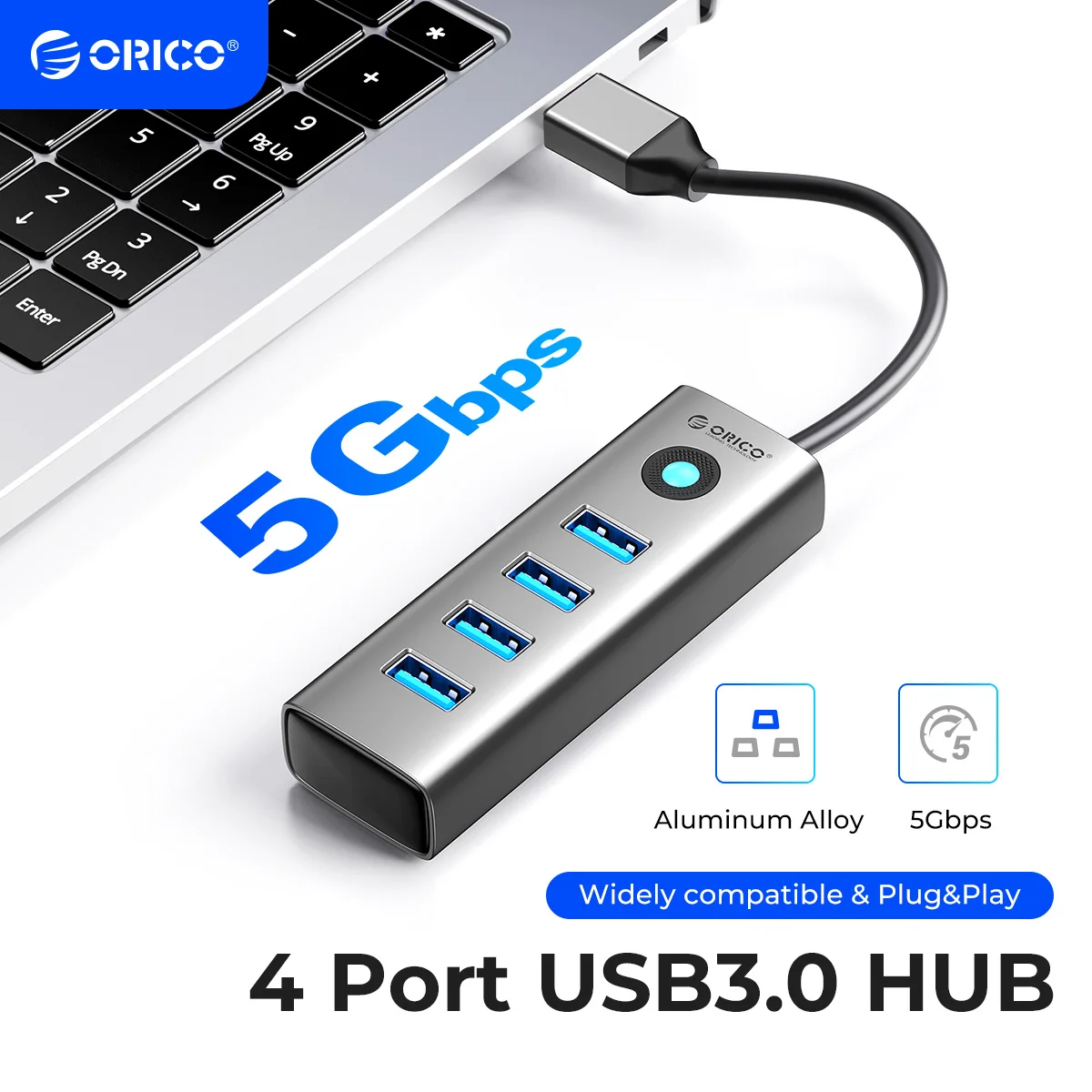 ORICO-concentrador de puertos USB 3,0 de aleación de aluminio, de corriente Minitoma Plug And Play, divisor USB de 4 puertos, transmisión de alta velocidad de 5Gbps