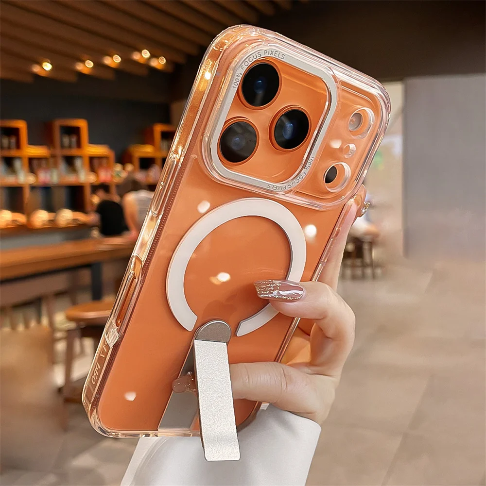 Funda de teléfono magnética de PC altamente transparente con soporte plegable de lujo para iPhone 17 16 15 14 13 12 Pro Max para cubierta de carga inalámbrica Magsafe - imagen 3