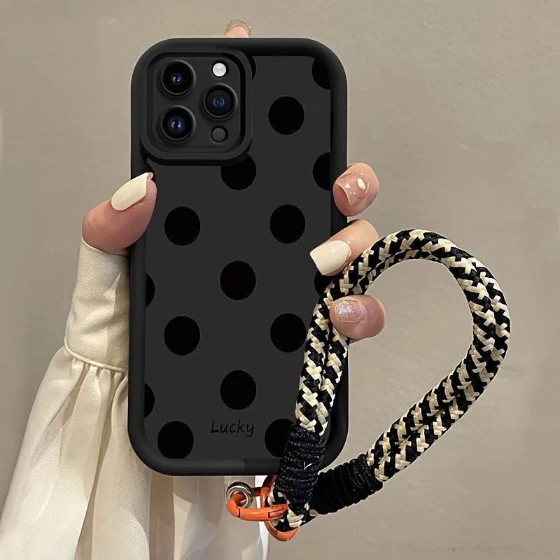 Funda de teléfono con correa colgante suave de lunares negros para iPhone 17 16 Pro Max 15 14 13 12 11 Pro X XS XR 7 8 Plus 16E 17Air funda de silicona