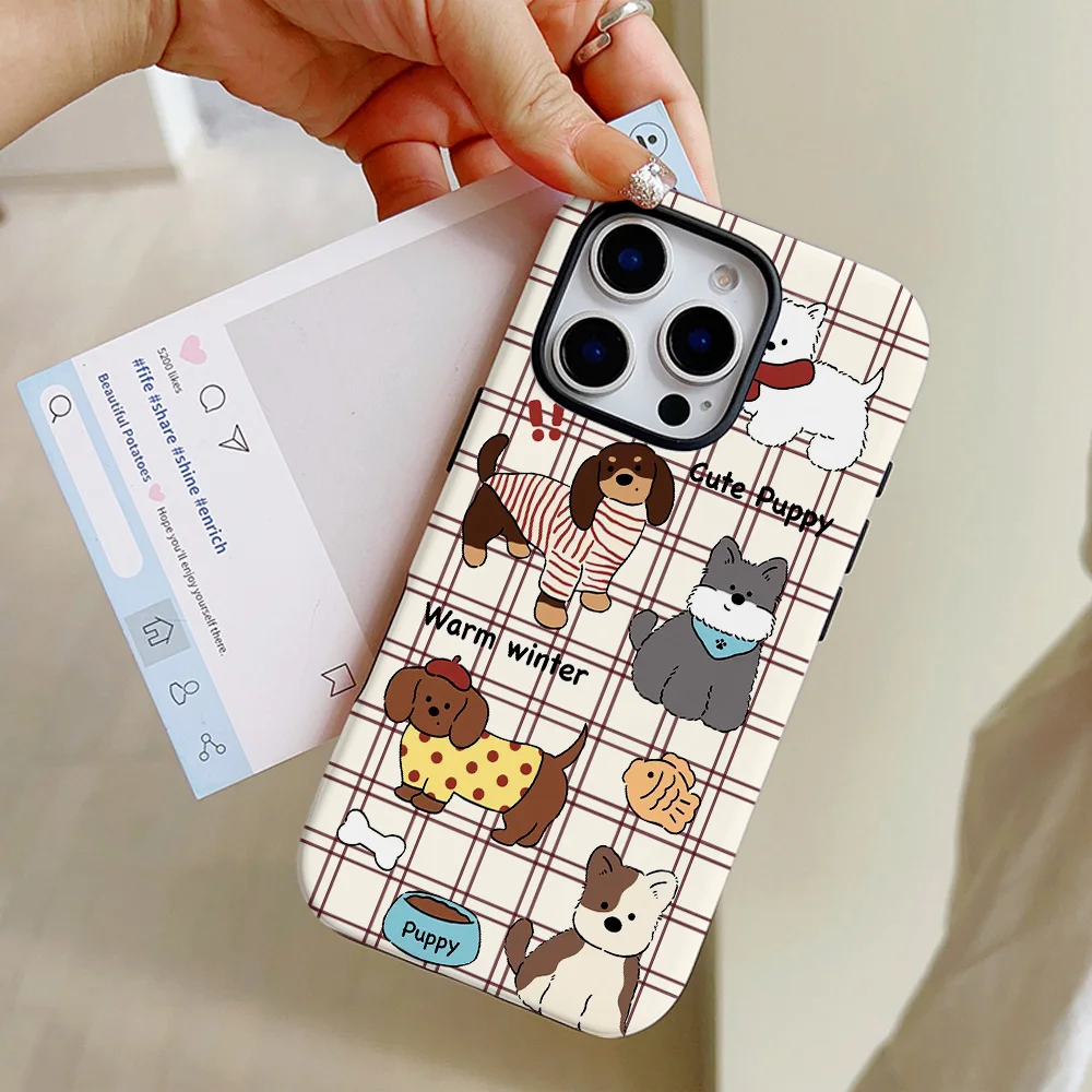 Funda de teléfono con dibujos de cachorros y gatos para iPhone 16, 15, 14, 13, 12, 11 Pro Max Plus, funda trasera magnética de lujo de doble capa - imagen 3