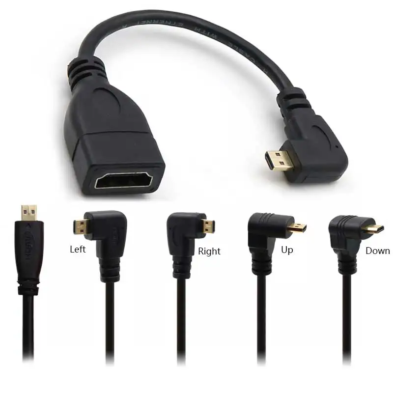 Conector adaptador Micro HD macho a HD hembra en ángulo izquierdo hacia arriba y hacia abajo, 15cm para HDTV tipo D, Cable compatible con HDMI en ángulo