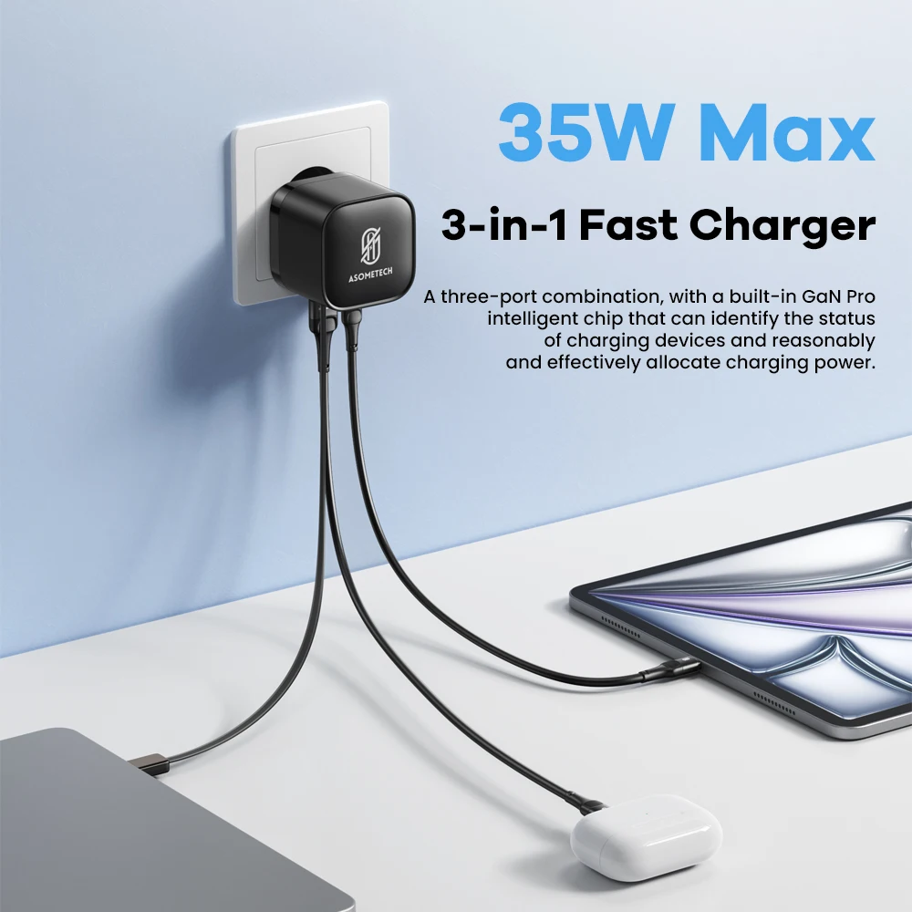 Cargador USB GaN de 35W con Cable retráctil tipo C, cargador rápido de 3 puertos QC3.0 PD3.0 PPS para iPhone 16 15 14 Samsung Xiaomi Tablet - imagen 2