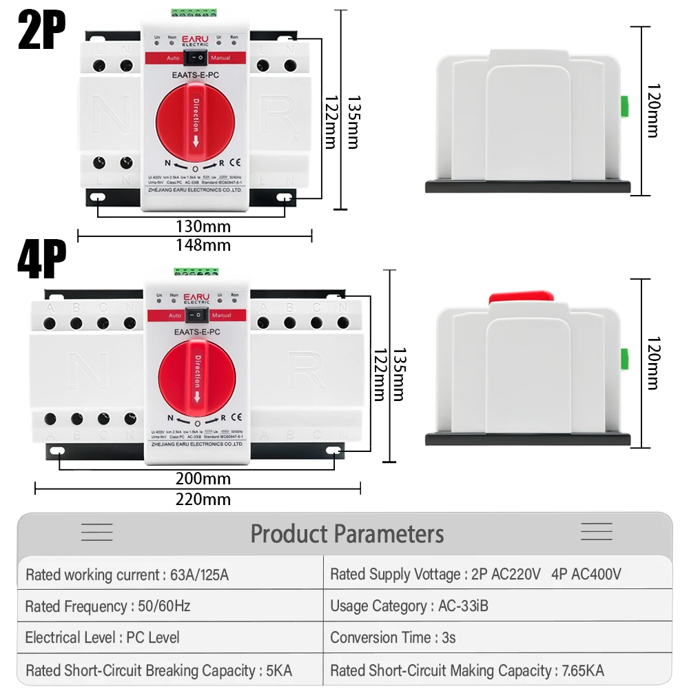 2P 4P 63A 125A ATS PV interruptor de transferencia automática de doble potencia AC220V 400V 50/60Hz tipo MCB interruptores Sal manuales automáticos disyuntor - imagen 2