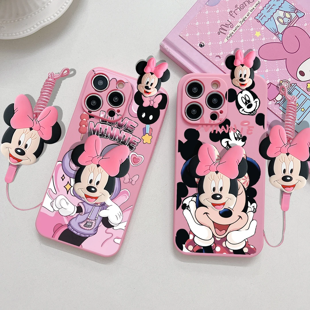 Para iPhone 16 15 14 13 12 11 XR Xs 8 7 6 Pro Max mini Plus Funda Minnie con capucha y cuerda de soporte