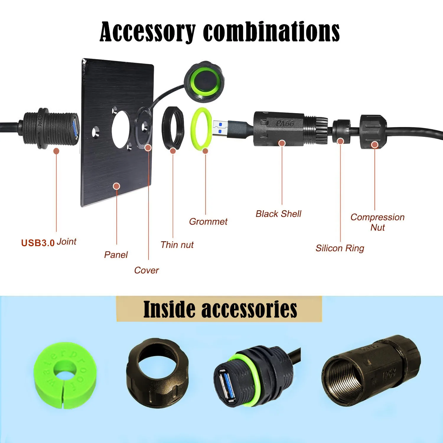 Panel de chasis USB 3,0 resistente al agua IP68 M20 tipo A macho hembra Cable de datos de carga extendido impermeable y a prueba de polvo 1m - imagen 4