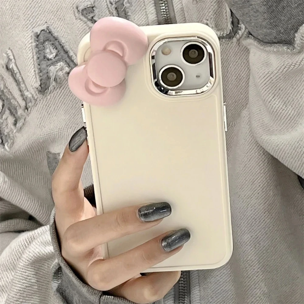 Funda de teléfono coreana con lazo rosa 3D para iPhone 16 15 14 13 12 11 Pro Max X Color sólido a prueba de golpes funda de lujo de silicona suave