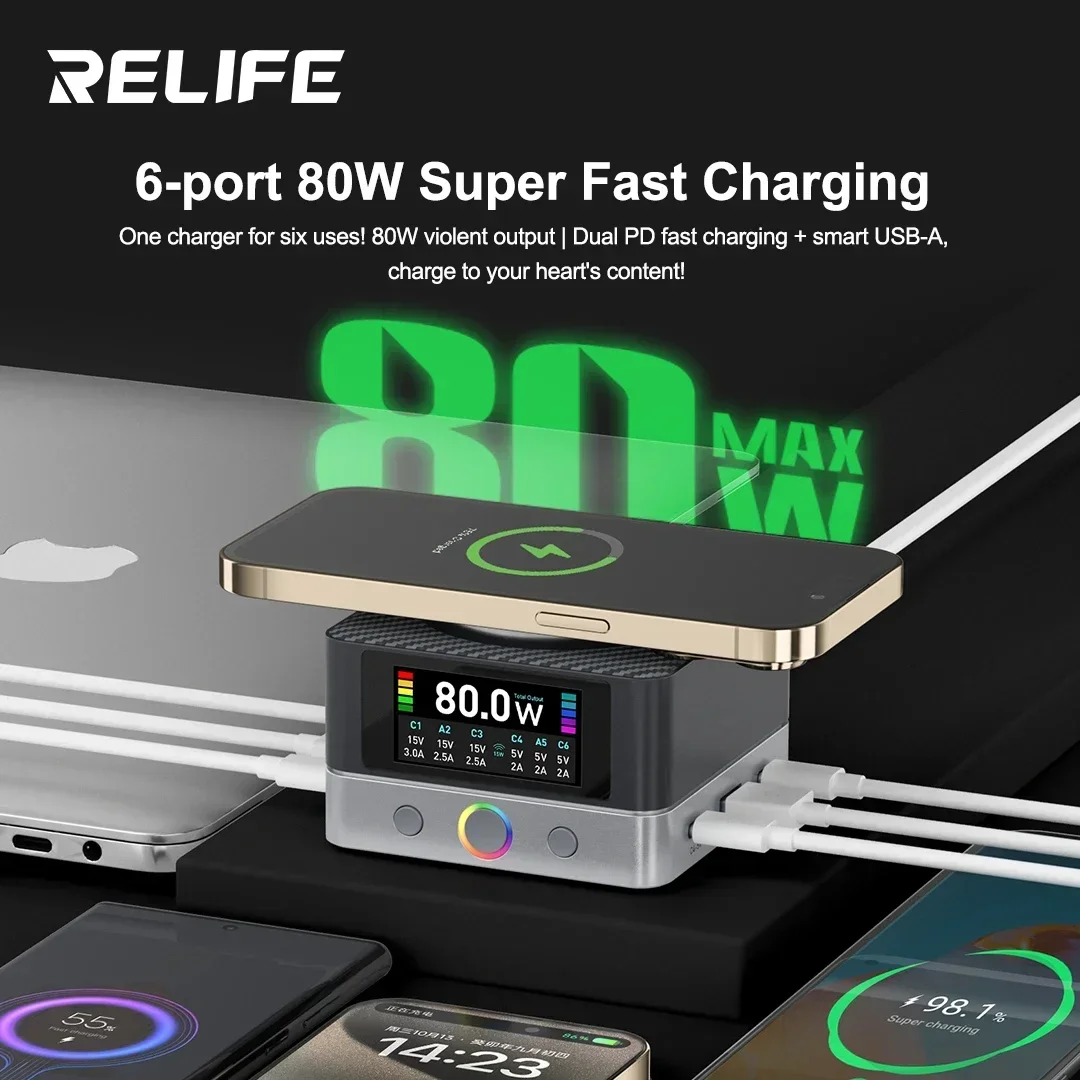 RELIFE Q7 Cargador rápido de 6 puertos de 80 W con carga inalámbrica Pantalla LCD de distribución de energía inteligente y protecciones de seguridad - imagen 2