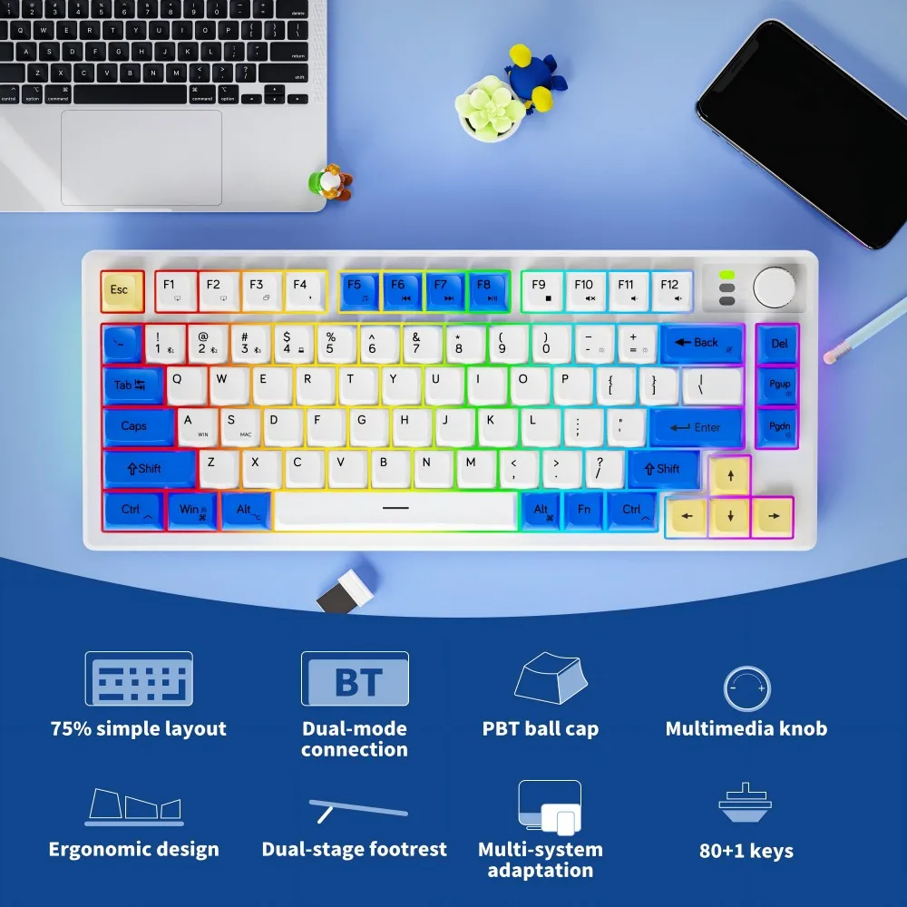 EWEADN-teclado silencioso recargable inalámbrico, dispositivo con perilla Multimedia, retroiluminado RGB, adecuado para oficina, Esports, uso doméstico, 2,4G + BT - imagen 3