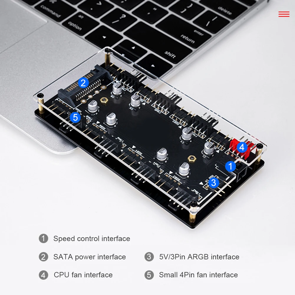 Controlador de concentrador de ventilador RGB de 12V/4 pines, 5V/3 pines, divisor de 1 a 8 multiforma, adaptador de controlador de velocidad de PC para ASUS/MSI, gancho y bucle - imagen 4