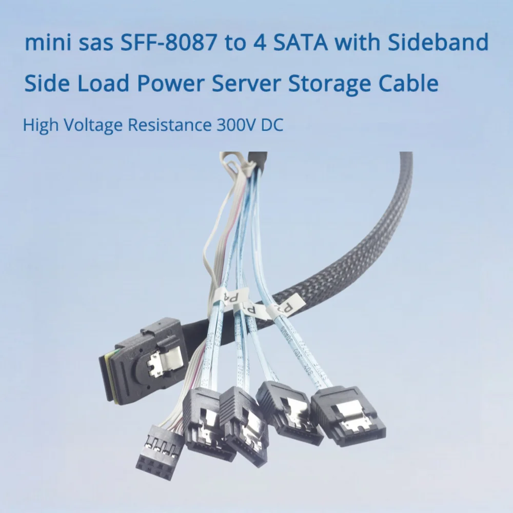 Mini Sas SFF-8087 a 4 SATA con cable de almacenamiento de servidor de energía de carga lateral de banda lateral-resistencia de alto voltaje 300V DC