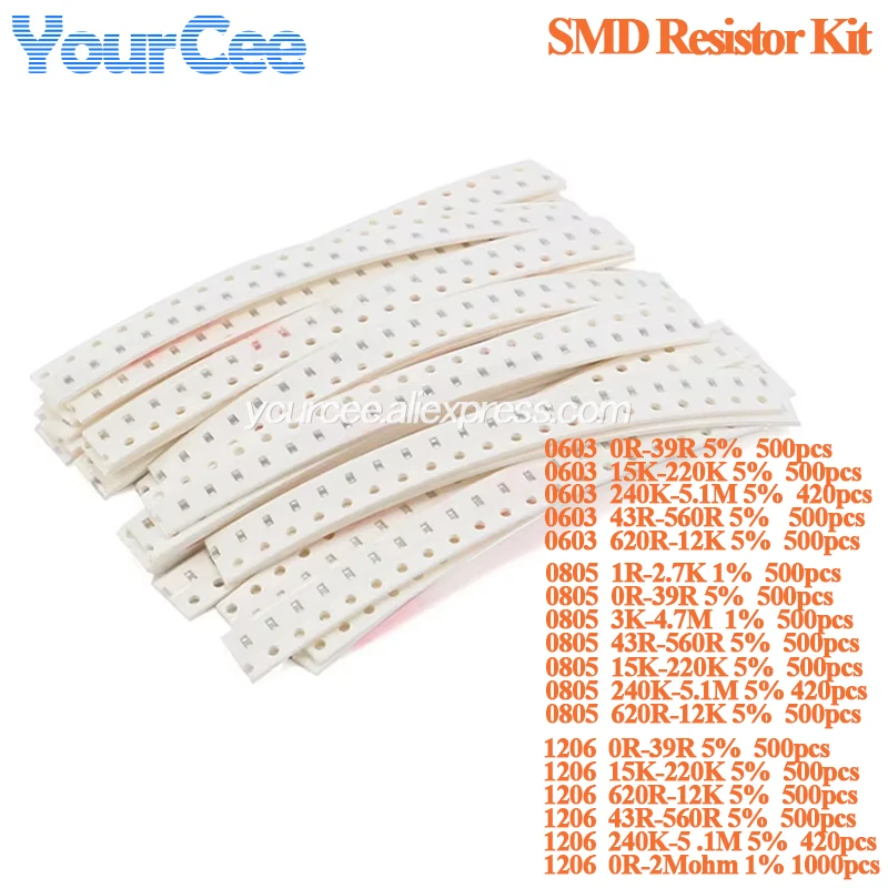 420 UDS-1000 Uds SMD 1206 0603 0805 Kit de resistencias surtido 5% 1% 0R-39R 43R-560R 620R-12K 15K-220K componente electrónico de resistencia