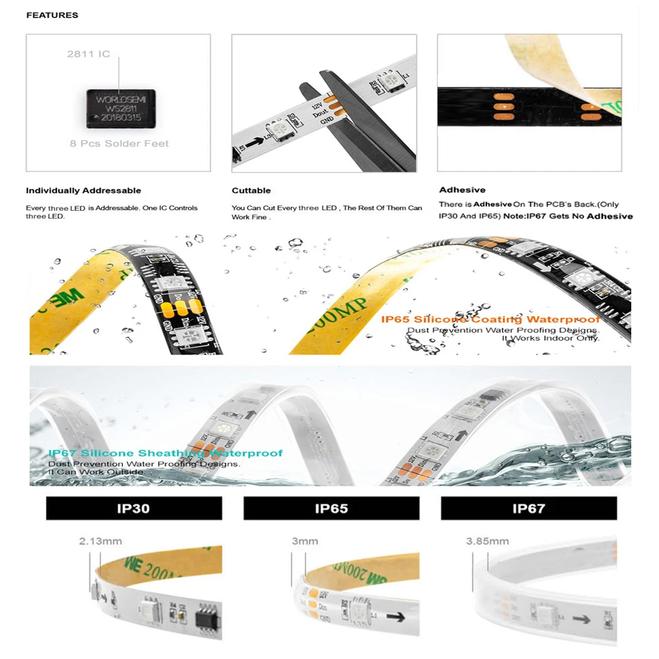 Tira de luces LED RGB WS2811 IC de 12V 30LEDs/m 60LEDs/m direccionable sueño a todo color externo 1 Control IC 3Leds cinta de luces Led - imagen 5