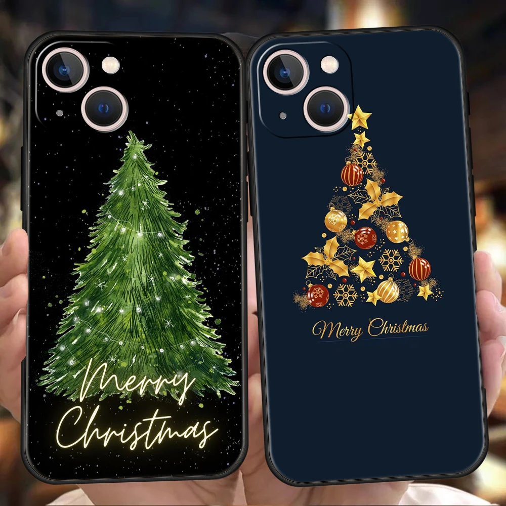 Funda de teléfono suave de TPU de lujo para iPhone 16 11 15 14 Pro MAX 12 13 7 8 Plus X XR XS SE 2022 cubierta negra Feliz árbol de Navidad