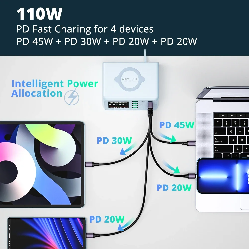 110W cargador carga rápida 8 usb, Con 4 tipo c Puerto y 4 USB A Puerto y cargadores inalámbricos, 45W PD Puerto, cargador usb multiple para iPhone 13, 12, iPad, airpods, Macbook, Sasmsung, Xiaomi, movil - imagen 4