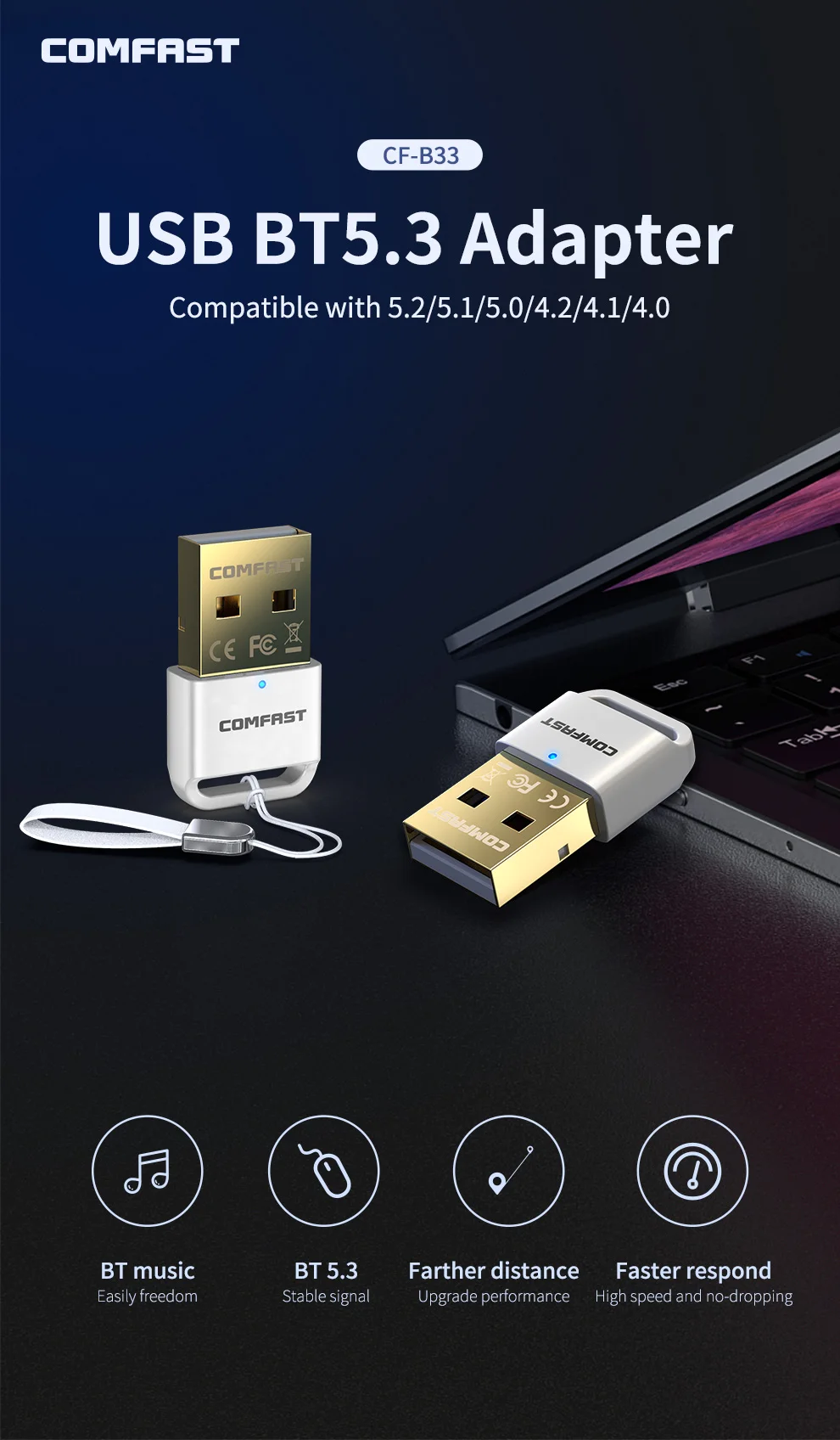 Adaptador USB Comfast, Dongle Bluetooth de unidad libre para dispositivos BT, receptor de transferencia de datos de música para escritorio/portátil BT5.2/5,1/5,0/4,2 - imagen 3