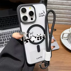 Funda de teléfono pintada con Panda magnético con cordón de lujo para iPhone 17 16 Pro Max 13 11 15 14 12 17promax cubierta mate acrílica a prueba de golpes