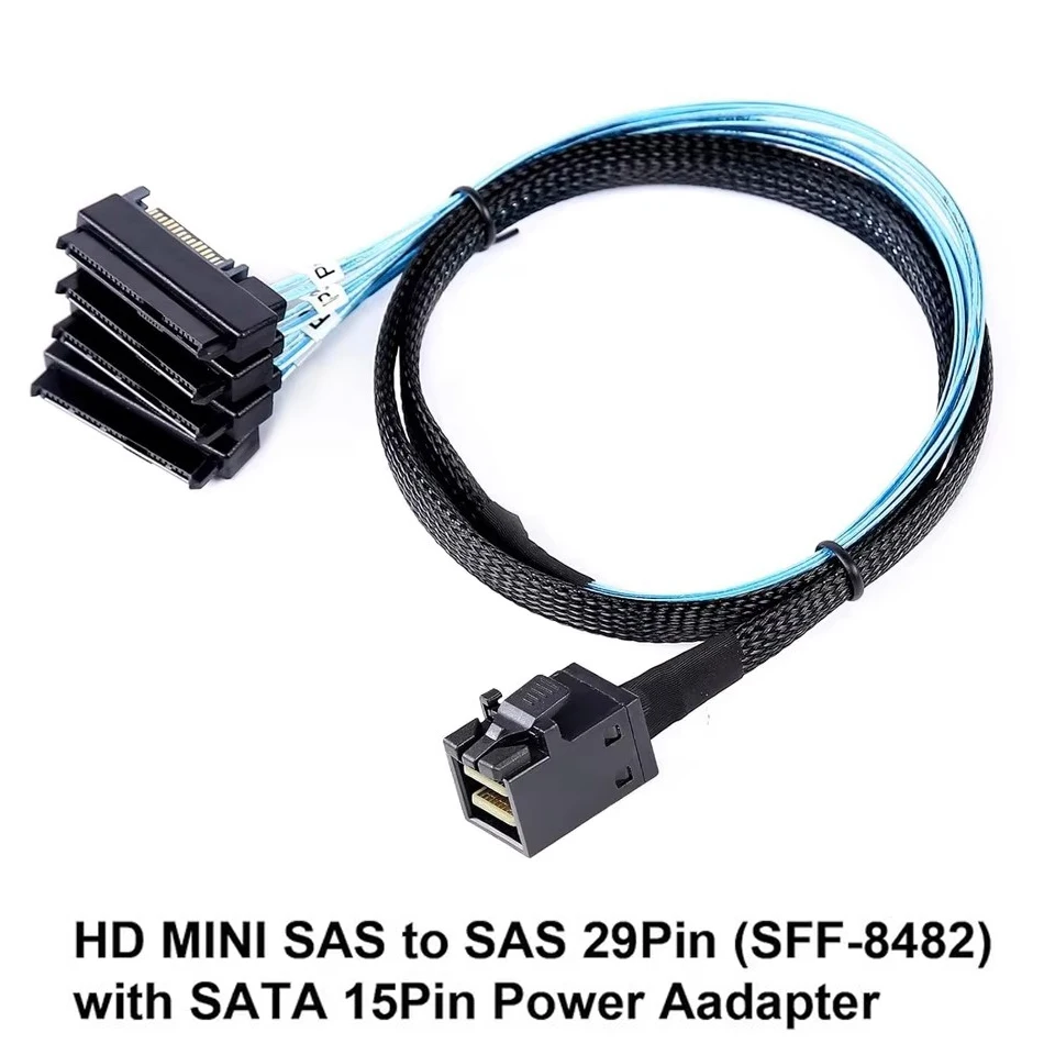HD interno Mini SAS SFF-8643 Host a Target 4 SFF-8482 con Cable adaptador de corriente SATA de 15 pines para controlador de placa base disco duro