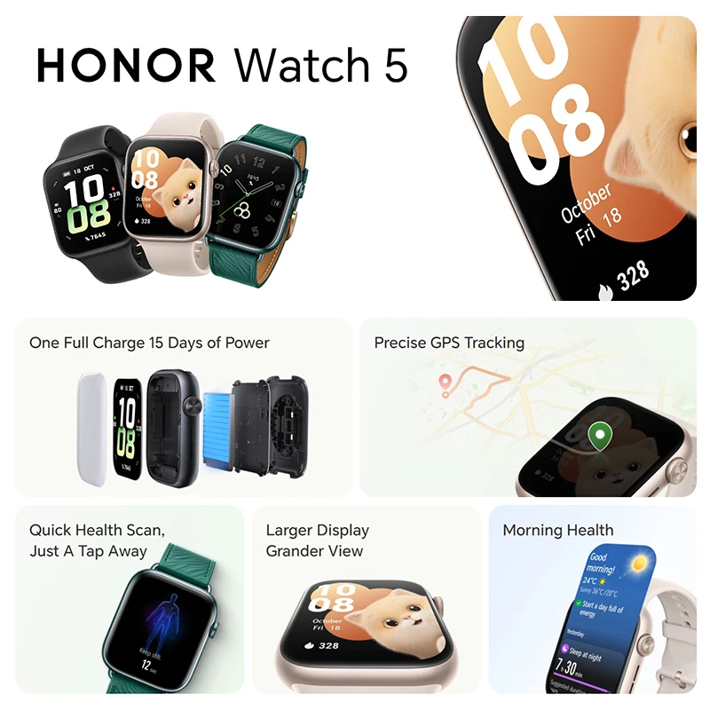 Versión Global HONOR Watch 5 Smartwatch Seguimiento GPS preciso Escaneo rápido de salud Pantalla grande de 1,85 pulgadas Batería de larga duración de hasta 15 días Compatible con GPS IP68 - imagen 3