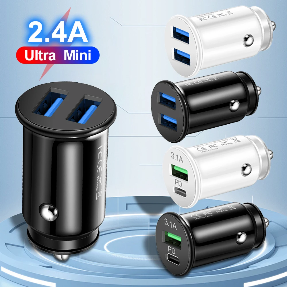 Mini cargador de coche 2.4A Dual USB carga rápida teléfono móvil Universal en carga de coche tableta GPS para iPhone 11 Xiaomi Samsung Huawei