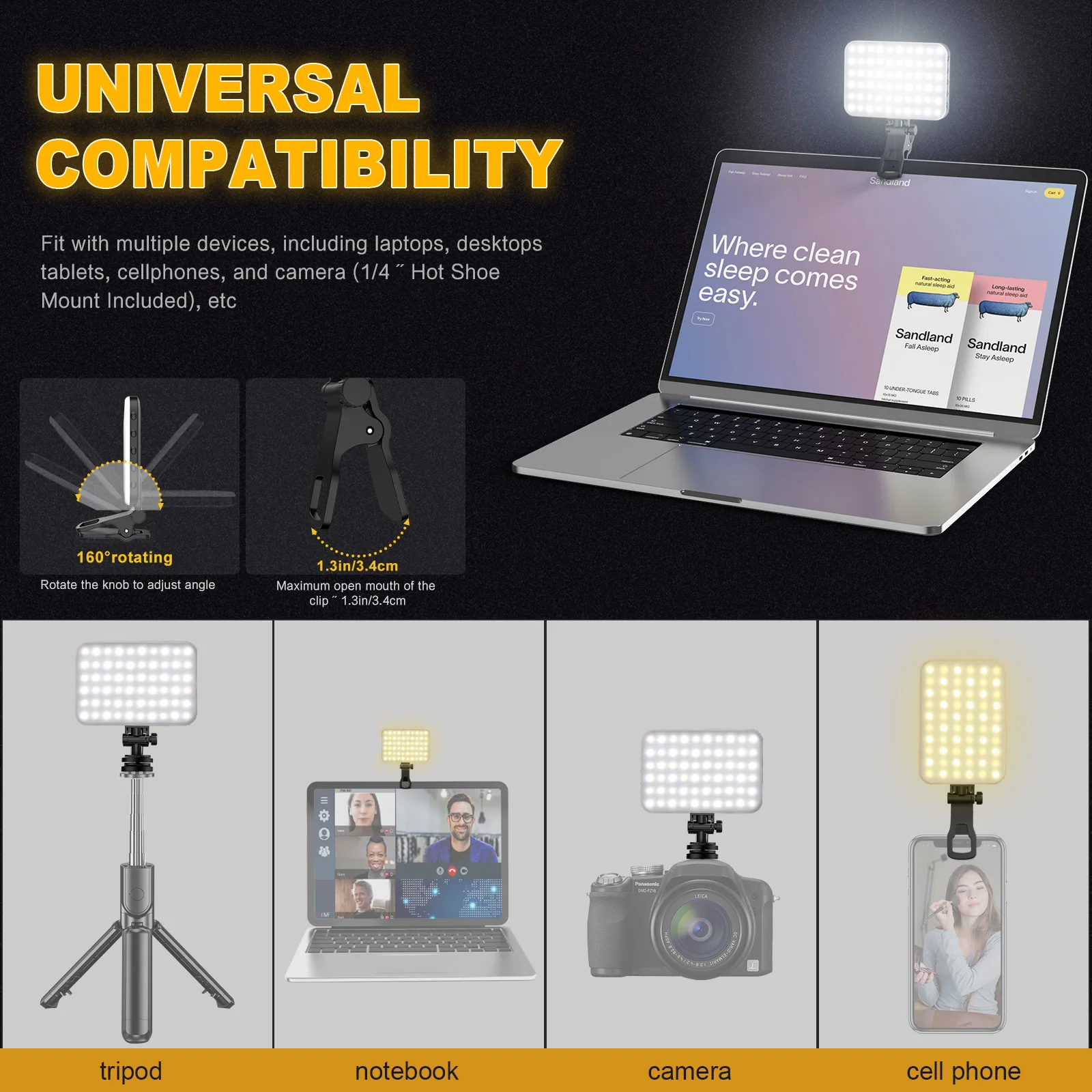 Luz LED para selfies, 60 luces de vídeo recargables de alta potencia con Clip para teléfono iPad con Clip frontal y trasero, 3 modos de luz ajustados - imagen 4