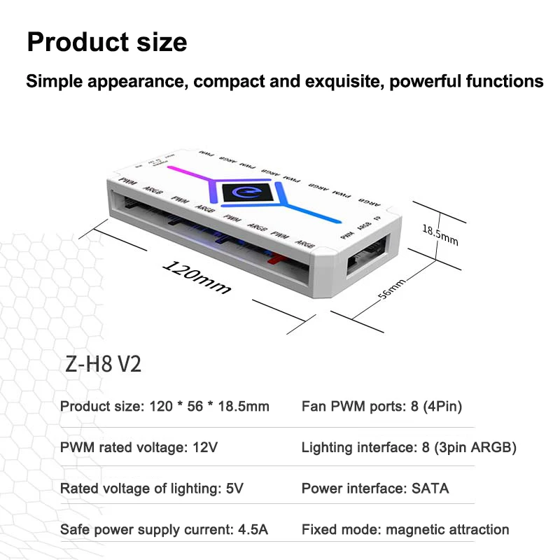 Power Train-Z-H8 V2 5V, 3 pines ARGB y 4 pines PWM HUB, ventilador de refrigeración para PC, divisor SATA, fuente de alimentación, HUB de succión magnética 2 en 1, 8 Interfaces - imagen 3