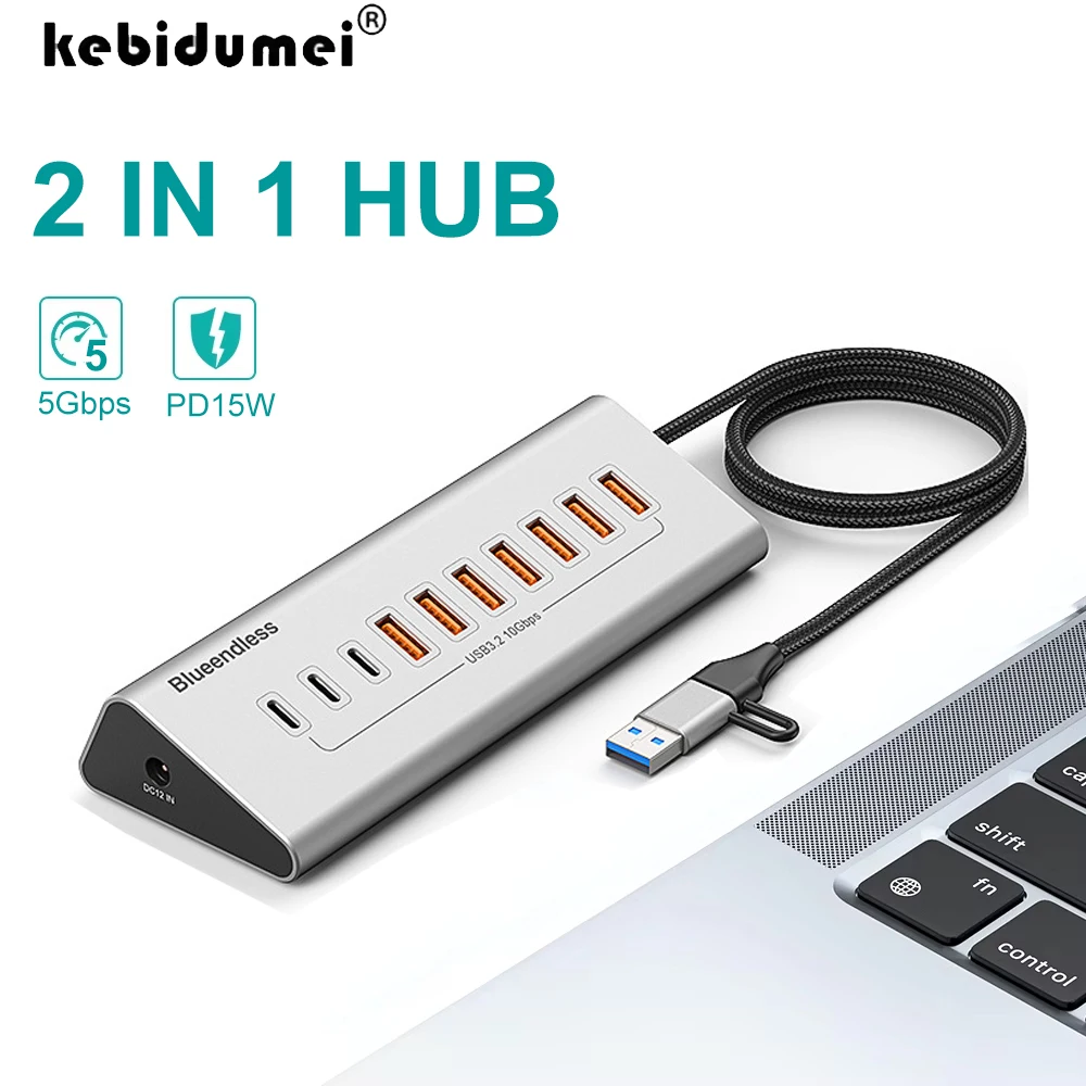 Estación de acoplamiento USB A USB C Hub 3,0 de 10 puertos, extensión de divisor tipo C de 5Gbps, adaptador de aluminio multienchufe, accesorios para ordenador portátil y PC
