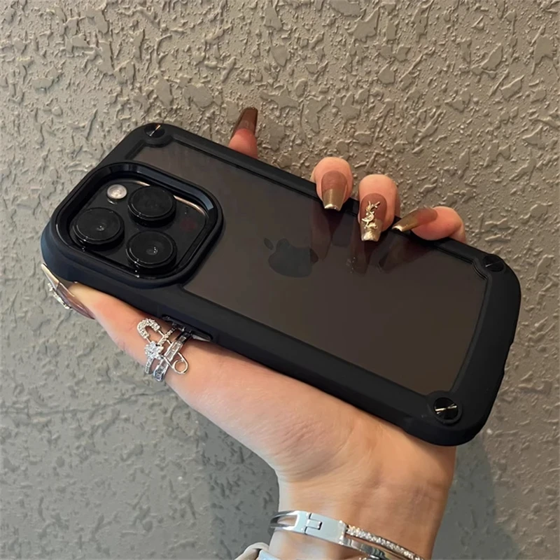 Funda de teléfono transparente con armadura a prueba de golpes para iphone 11, 12, 13, 14, 15 Pro Max, 14 15Plus, cubierta dura de parachoques con botón de Metal acrílico transparente