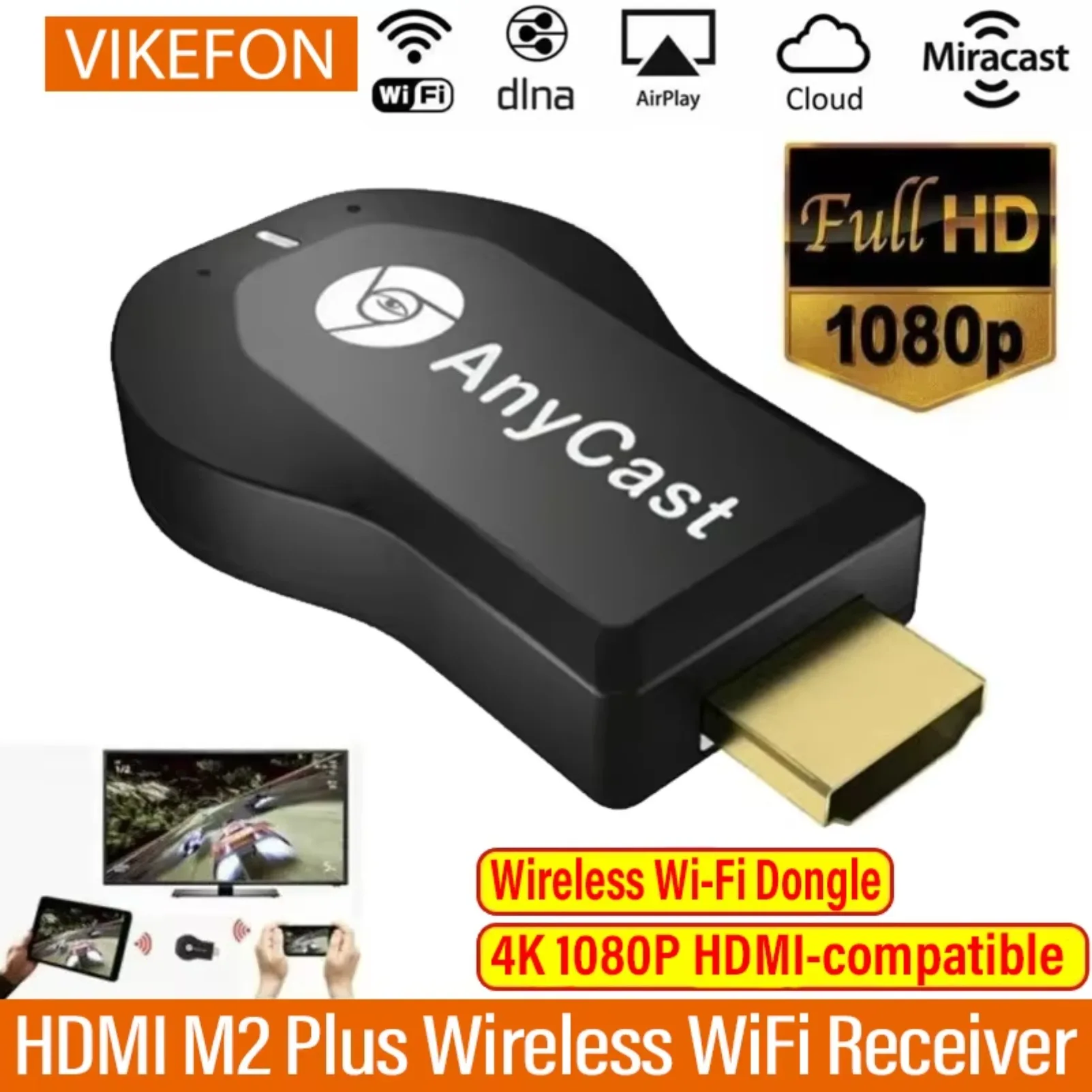 VIKEFON 4K 1080P M2 Plus pantalla WiFi inalámbrica Compatible con HDMI receptor Dongle de TV para DLNA Airplay Miracast para AnyCast para IOS