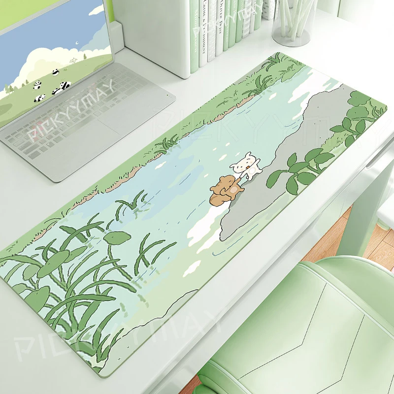 Alfombrillas de ratón bonitas para juegos, alfombrilla de escritorio para Gamer, alfombrilla grande para ratón, alfombrillas de escritorio de Anime Kawaii, alfombrillas para teclado, alfombrilla de ratón verde de 900x400mm - imagen 2