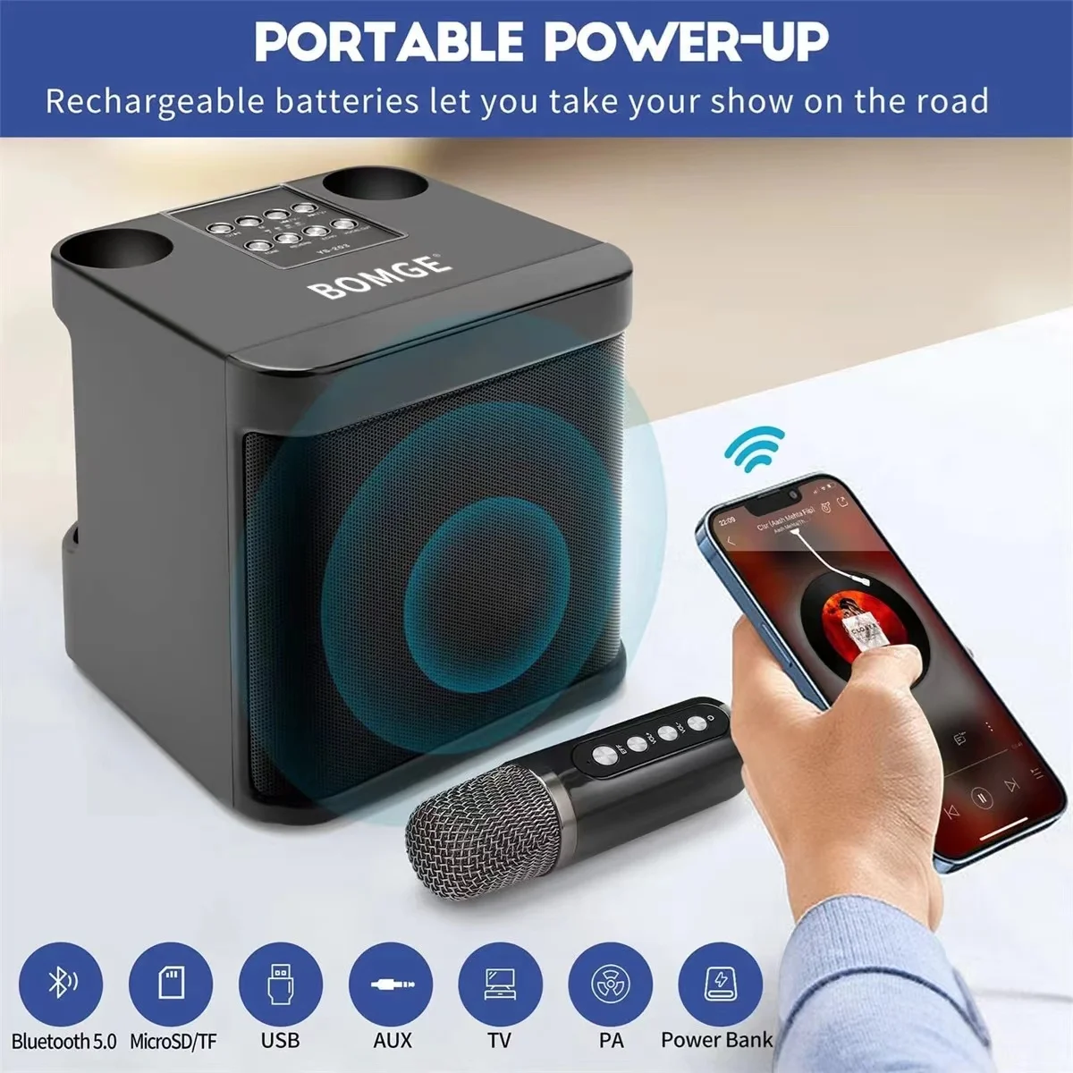 Máquina de Karaoke con micrófono Dual de YS-203 para adultos y niños, sistema de altavoces PA Bluetooth portátil con 2 micrófonos inalámbricos para el hogar - imagen 2
