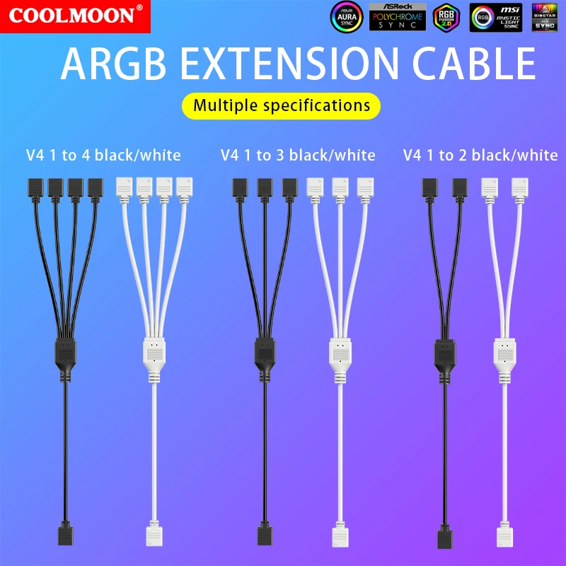 COOLMOON ARGB Splitter 5V 3 Pin 1 to 4 Universal 30cm Mainboard ARGB Extension Cable with Protective Cap for Desktop PC - imagen 2