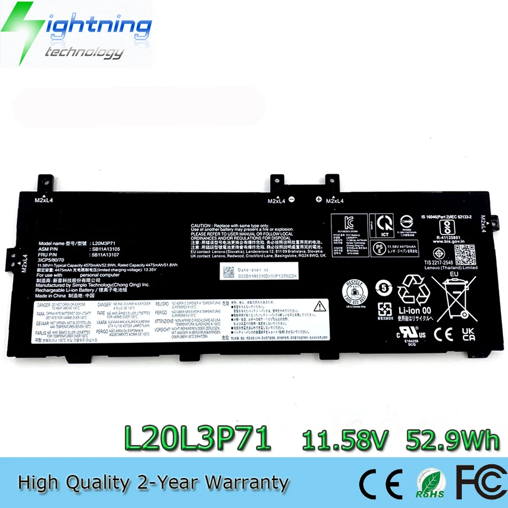 L20L3P71 L20C3P71 11.58V 52.9Wh Batería para portátil para Lenovo ThinkPad X13 Yoga Gen 2 (Tipo 20W8, 20W9) Series