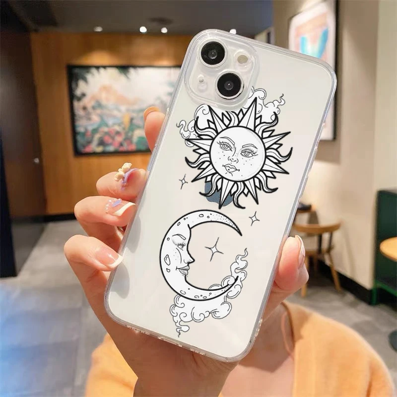 Divertida funda de teléfono transparente a prueba de golpes para iPhone, sol, Luna, Ojos de Ángel, 14, 15, 16, 13, 12, 11 Pro Max, 7, 8 Plus, X, XR, XS, Max, SE - imagen 5