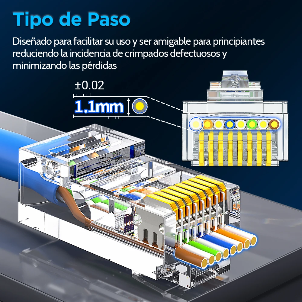 Conector Modular AMPCOM RJ45 Pass-Thru CAT6 para Cable 23-26 AWG UTP chapado en oro 8P8C extremo de engarzado para Cable Ethernet 100 Uds - imagen 5