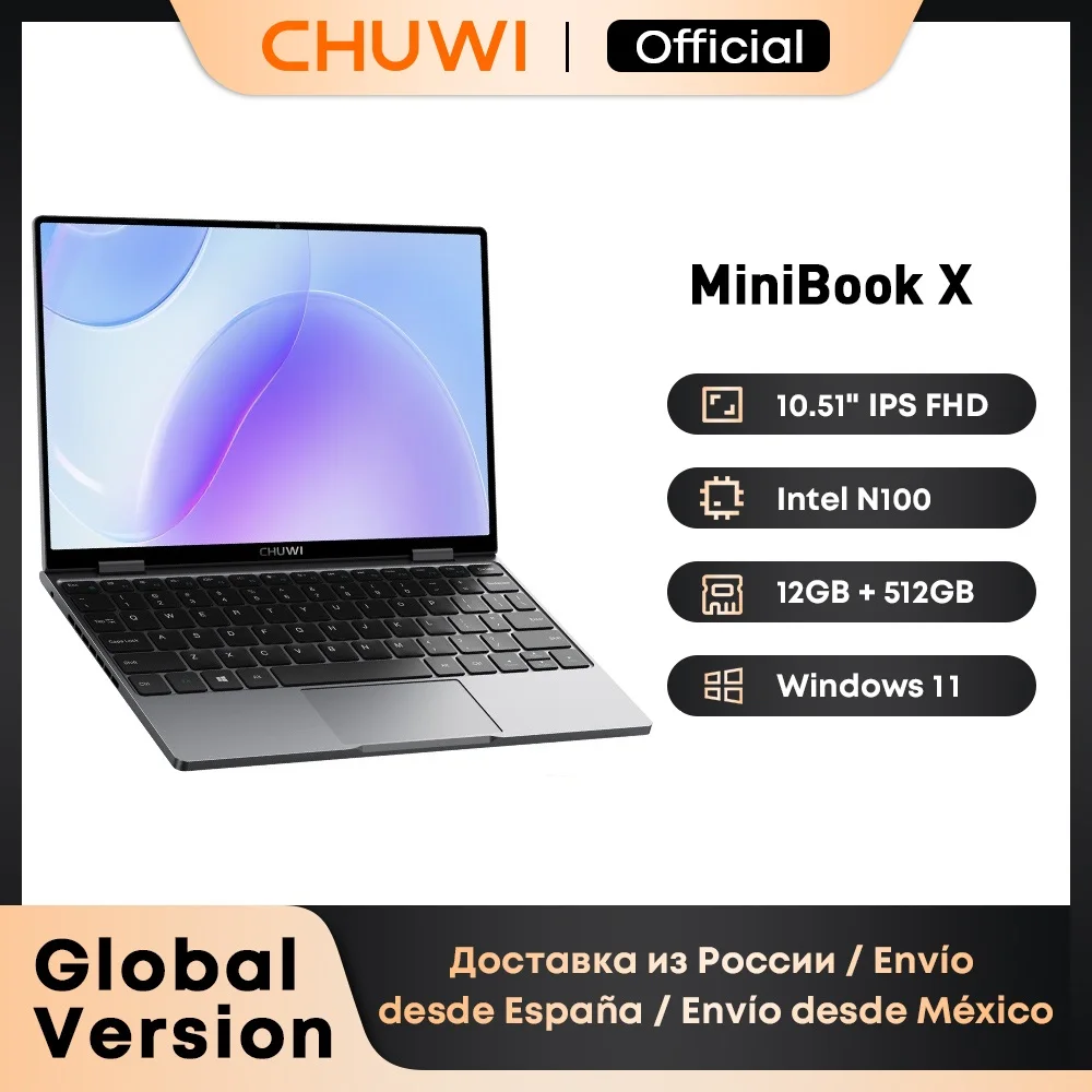 CHUWI-MiniBook X, tableta portátil 2 en 1, 12GB LPDDR5, SSD de 512G, Intel N100, pantalla IPS FHD de 10,51 pulgadas, Notebook con Windows 11, 1920X1200