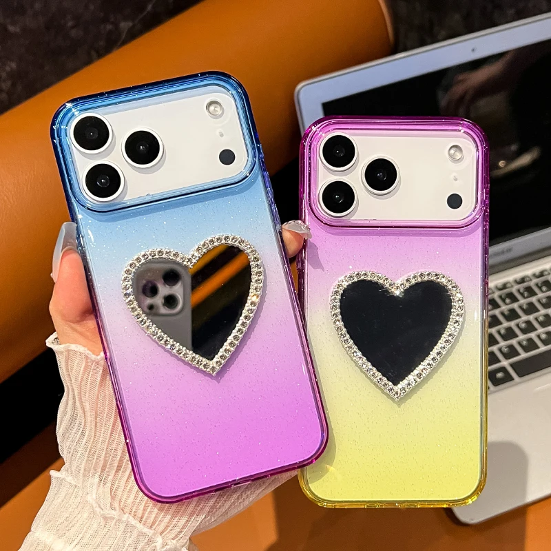 Funda de teléfono con parachoques de espejo en forma de corazón con purpurina de colisión de Color degradado de lujo para iPhone 17 Pro Max 17 cubierta trasera a prueba de golpes de aire - imagen 2