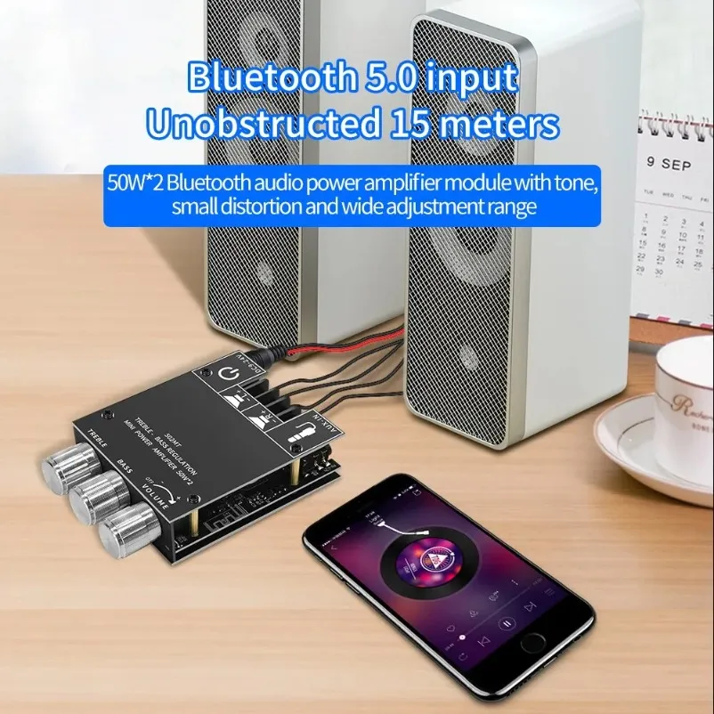 VIKEFON ZK-502MT Bluetooth 5.0 서브우퍼 증폭기 보드 2.0 채널 고출력 오디오 스테레오 증폭기 보드 2X50W Bass AMP - imagen 5