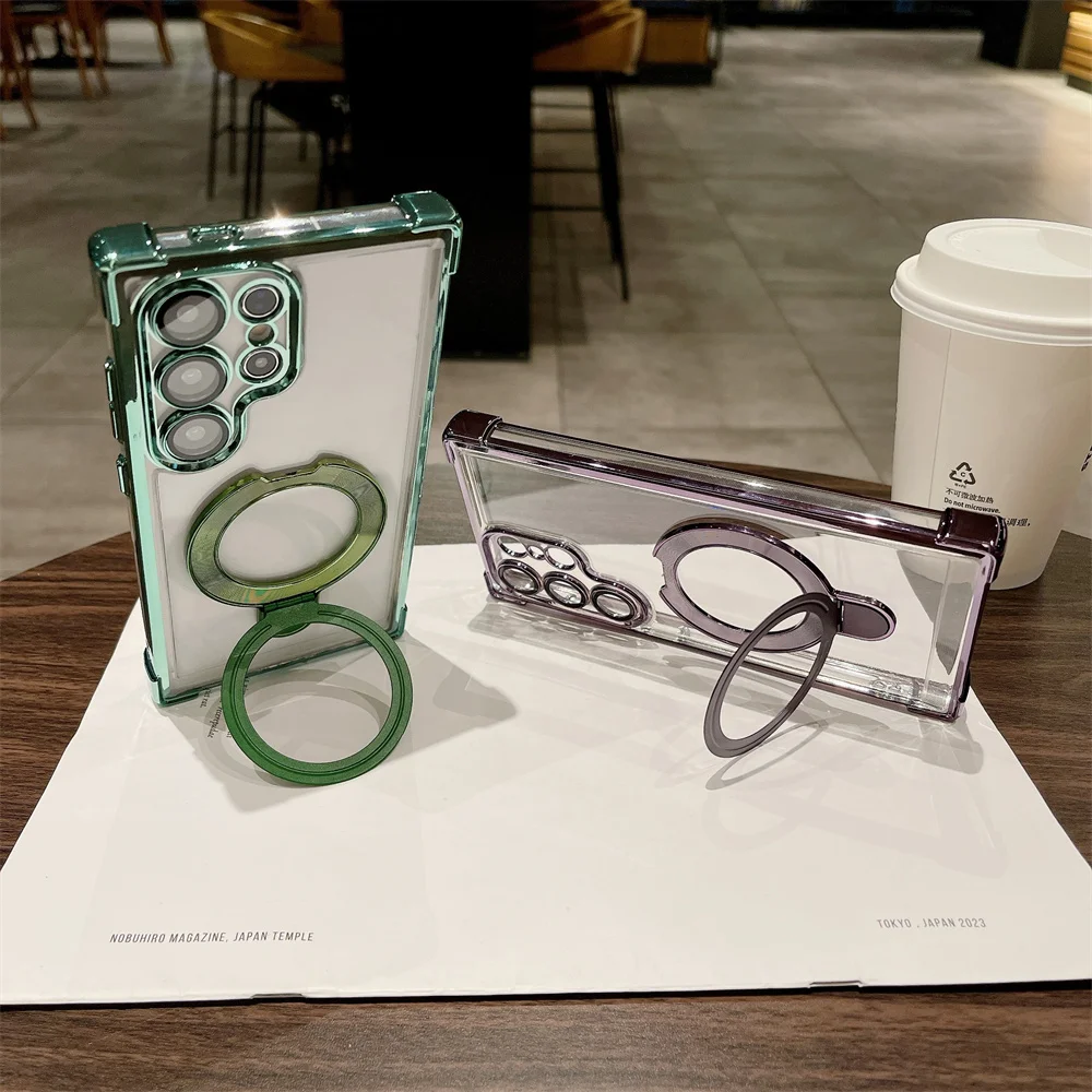 Soporte de anillo, funda de teléfono transparente magnética para Samsung S25 Note 20 S24 Ultra S23 FE S22 Plus, funda transparente chapada de lujo - imagen 5