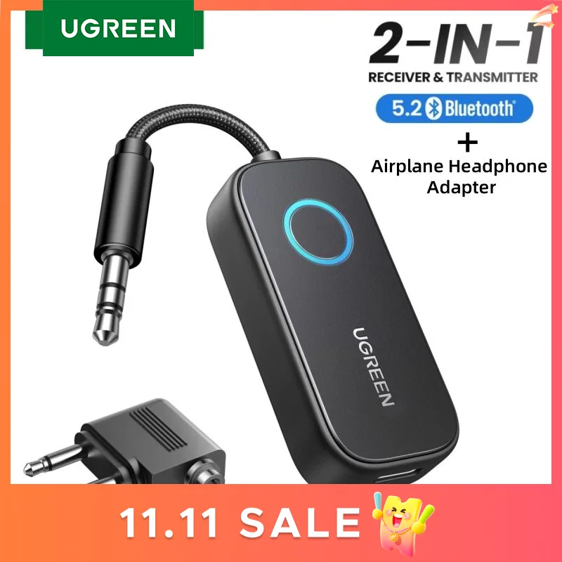 UGREEN Receptor y transmisor Bluetooth para avión Adaptador Bluetooth inalámbrico 2 en 1 para usar con cualquier conector de 3,5 mm en vuelo, TV