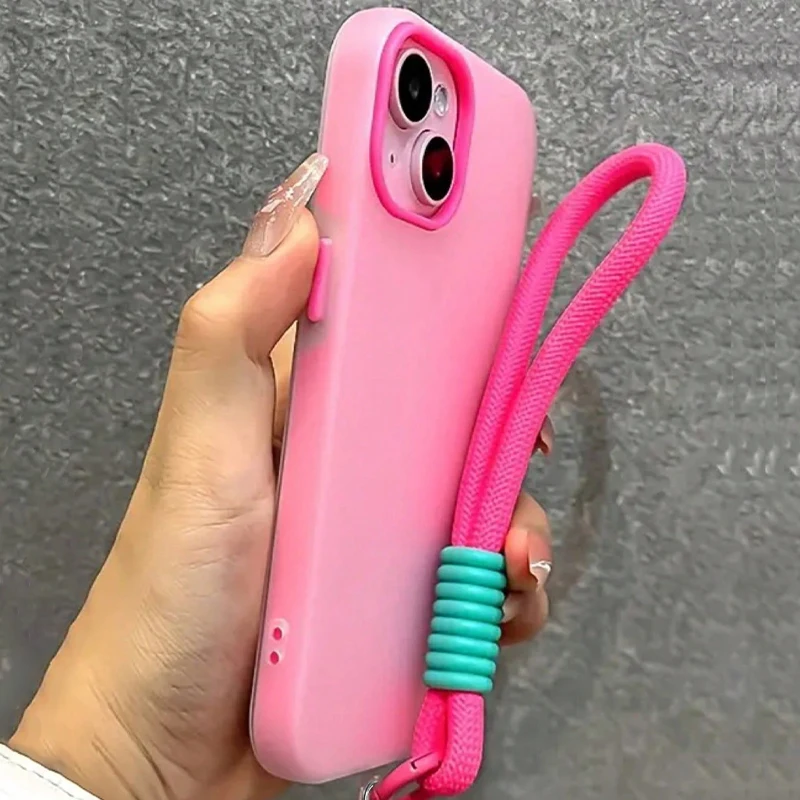 Funda de teléfono con correa para muñeca mate de Color caramelo para iPhone 17 16 Pro Max 15 14 13 12 11 Pro Plus, funda suave a prueba de golpes con cordón colorido - imagen 2