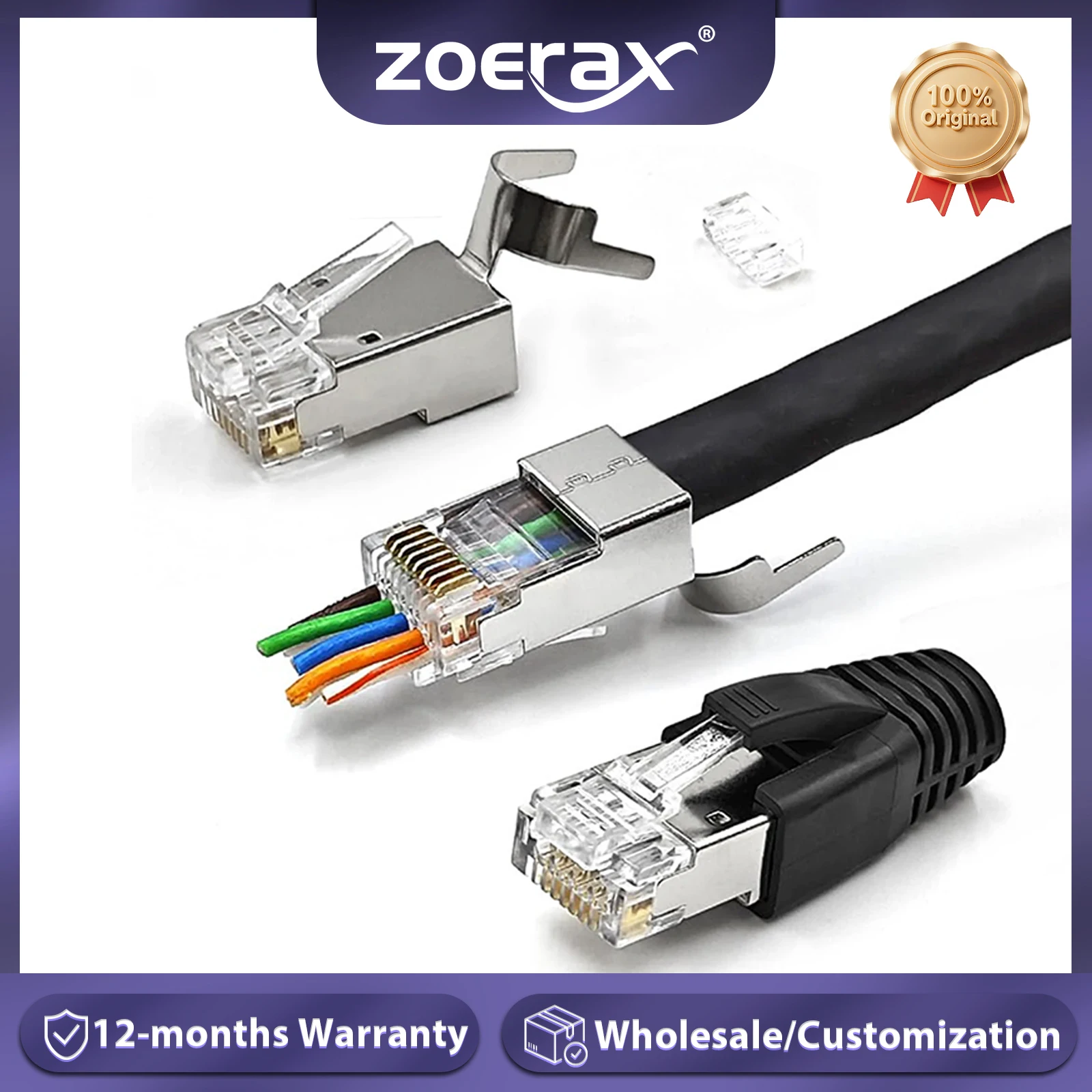 ZoeRax RJ45 Cat8 Cat7 Cat6A Conector blindado de paso Red Modular Enchufe chapado en oro de 3 clavijas 50 μ con bota de alivio de tensión