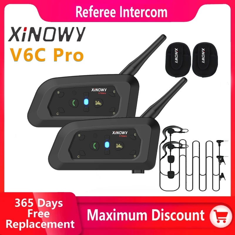 XINOWY V6C-auriculares para casco de motocicleta, intercomunicador de arbitraje, Bluetooth, 1200m, interfono dúplex completo para árbitro de fútbol