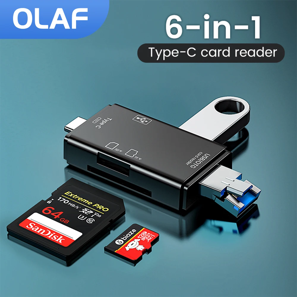 Lector de tarjetas OTG 6 en 1, lector de tarjetas Micro SD TF, unidad Flash USB, lectura de tarjetas de memoria inteligente, adaptador de lector de tarjetas USB 2,0 TF CF tipo C