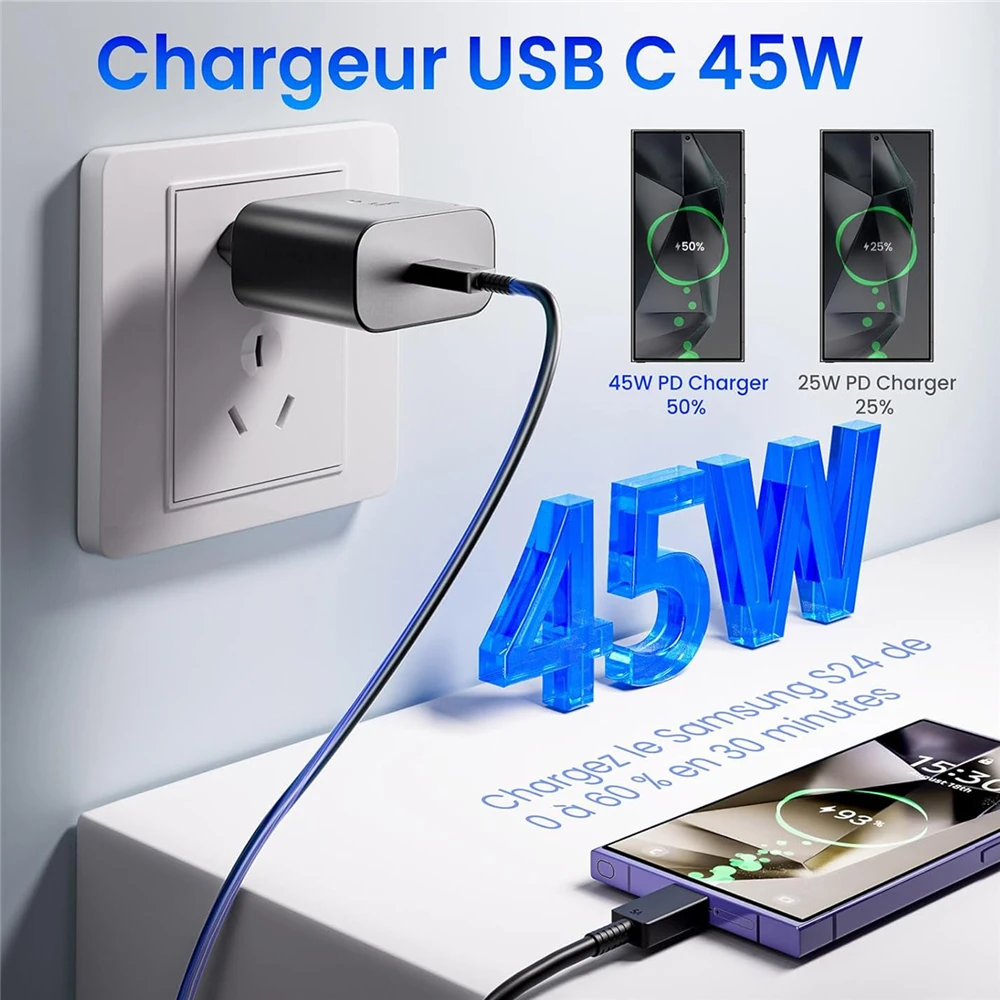 Cargador PD súper rápido de 45W 5A para Samsung S21 S22 FE S23 S24 S25 Ultra A34 A52 A53 A54 A73 Cable de carga rápida tipo C a USB-C - imagen 5