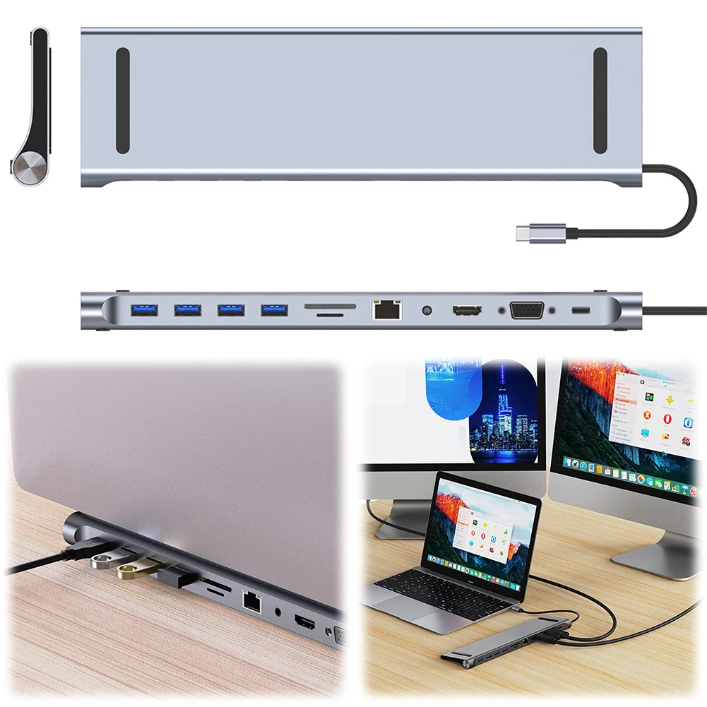 Estación de acoplamiento USB C 12/11/10/8/6 en 1, Compatible con HDMI, VGA, Ethernet, USB C Hub, adaptador multipuerto de Triple pantalla PD de 100W para PC - imagen 2