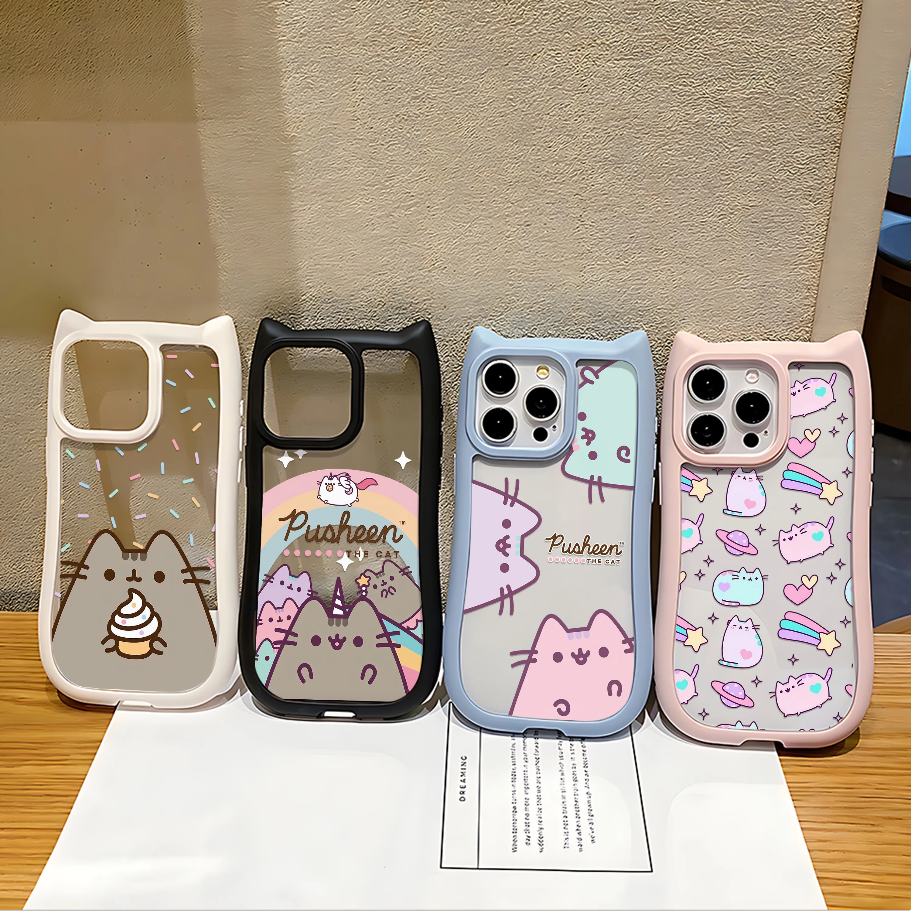 Funda de teléfono P-Pusheens con diseño de gato de dibujos animados para iPhone 16 15 14 13 12 11 Pro Max, parachoques de silicona suave acrílico duro transparente